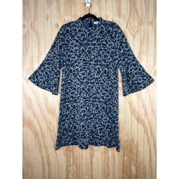 Tyler Boe Blue Black Grey Animal Print Dress Bell Sleeve Flare Size Large A-Line - Picture 2 of 10
